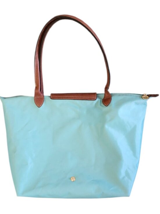 Longchamp Le Pliage Medium Tote Bag Blue Nylon Brown Leather Foldable bag - Picture 3 of 14